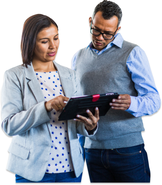 Two people evaluating a CRM for distributors