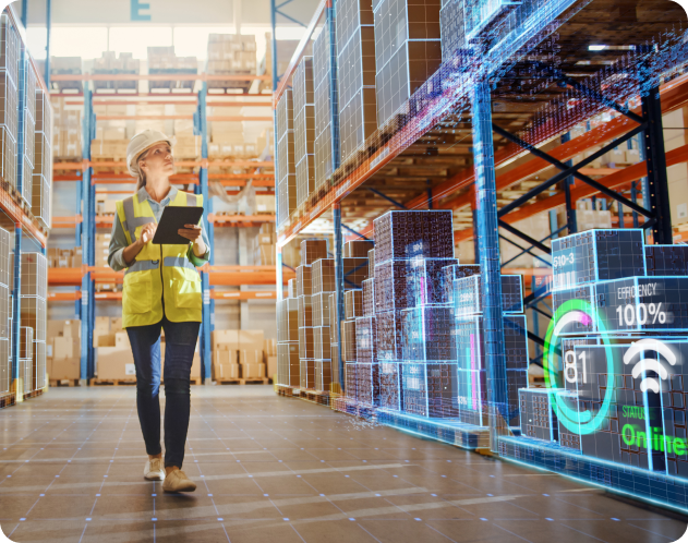 Woman walking in warehouse with data