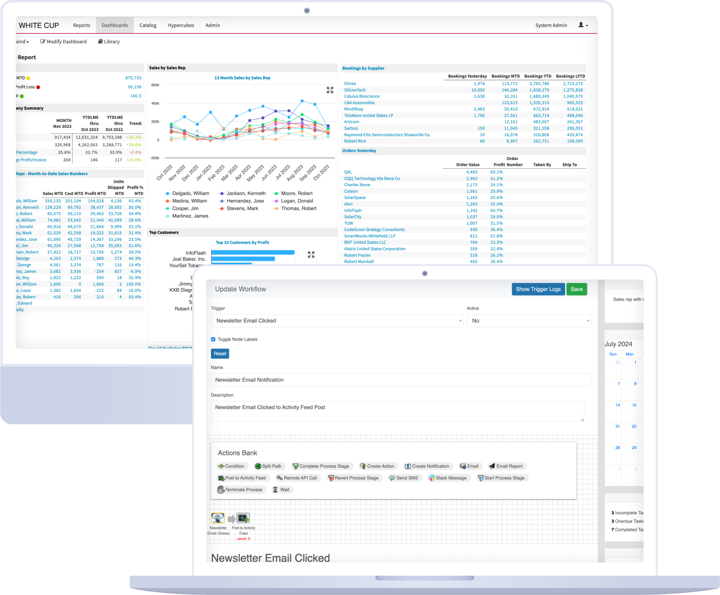 CRM and ERP dashboard comparison on desktop screen, showcasing sales data and automated workflows for better business insights