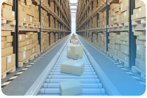 conveyor belt moving packages in a warehouse, symbolizing full visibility into customer data and AI-powered product recommendations