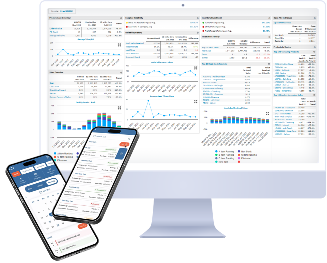 CRM implementation guide with desktop dashboard and mobile CRM app displaying key metrics and sales data